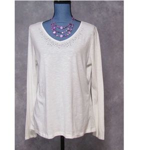 NWT Zena White Beaded Long Sleeve T-Shirt Size L